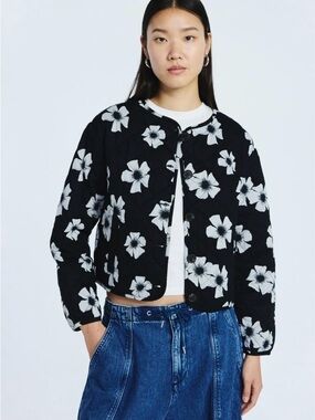 Black Floral Quilted Crop Puffer Jacket